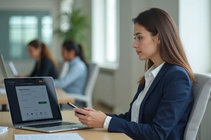 Femme professionnelle accédant à son compte bancaire SG en ligne depuis un ordinateur portable au bureau