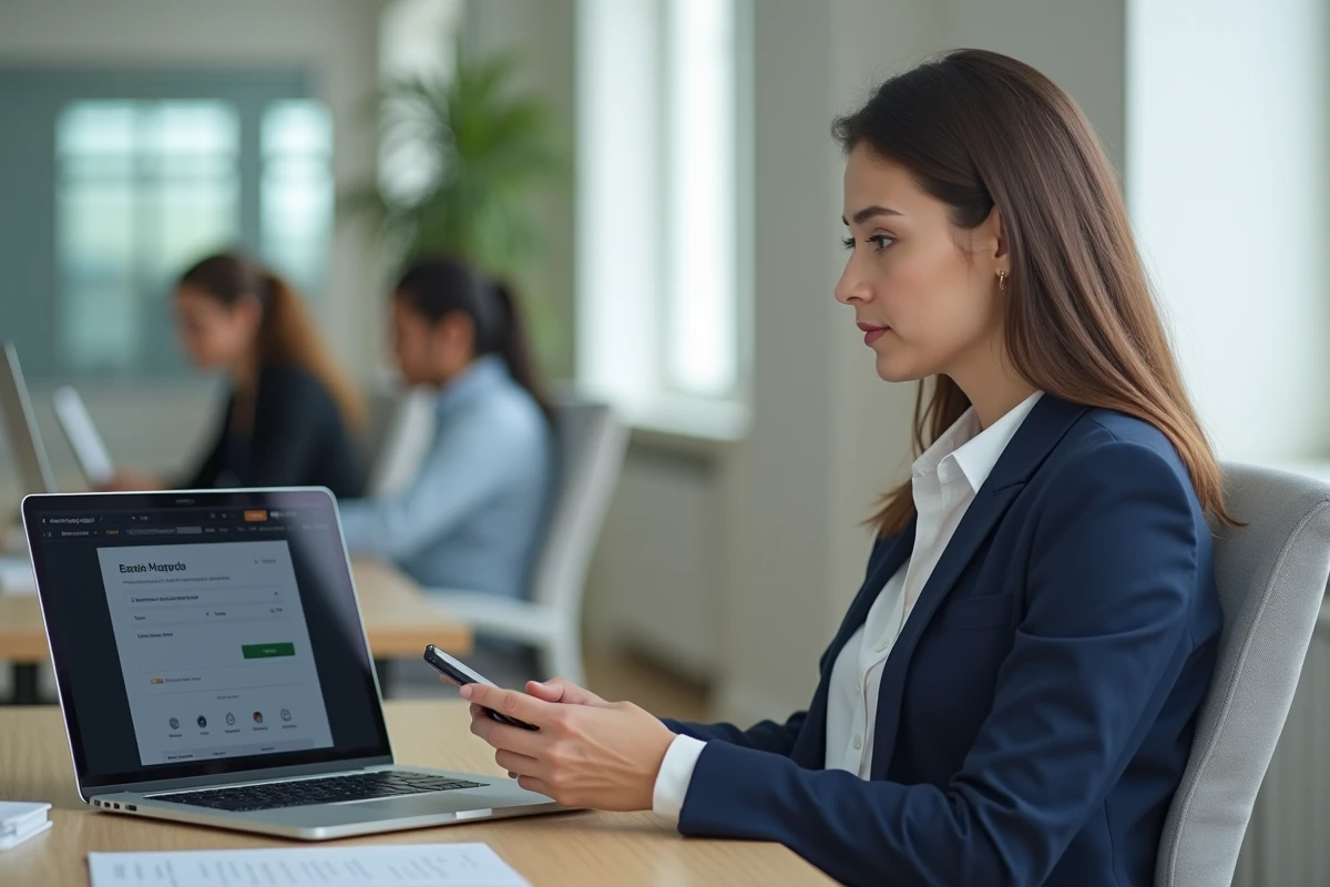 Femme professionnelle accédant à son compte bancaire SG en ligne depuis un ordinateur portable au bureau