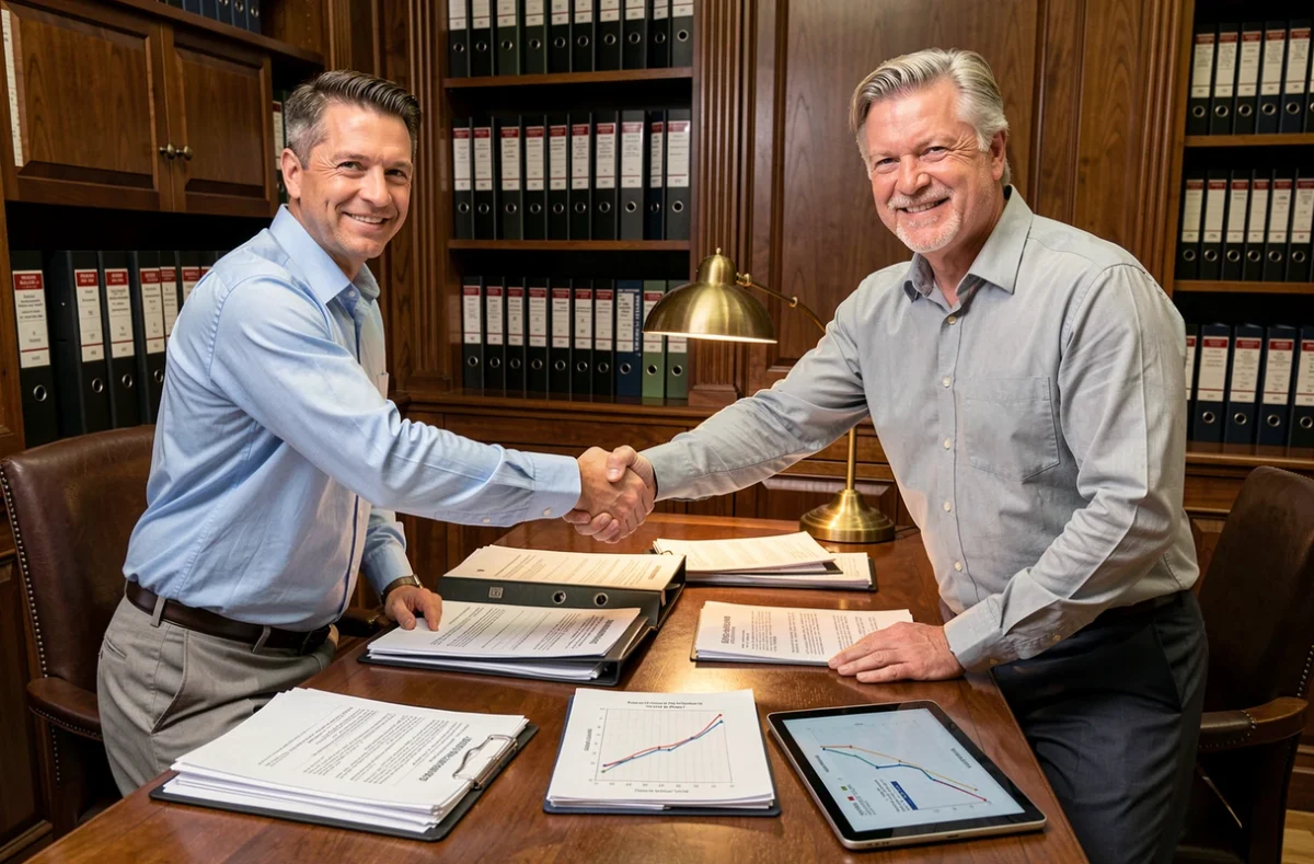 Deux professionnels de la finance concluant un accord d'assurance-crédit dans un bureau institutionnel classique