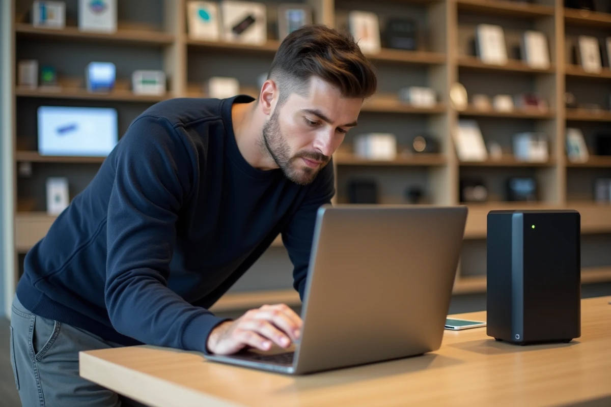 Homme explorant des produits high-tech dans un magasin électronique avec une carte Kadéos Infini