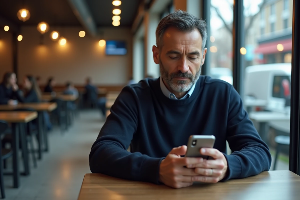 Homme consultant l'application mobile Cyberplus Banque Populaire Centre Atlantique dans un café urbain