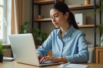 Femme activant son espace Cyberplus Banque Populaire sur un ordinateur portable dans un bureau à domicile