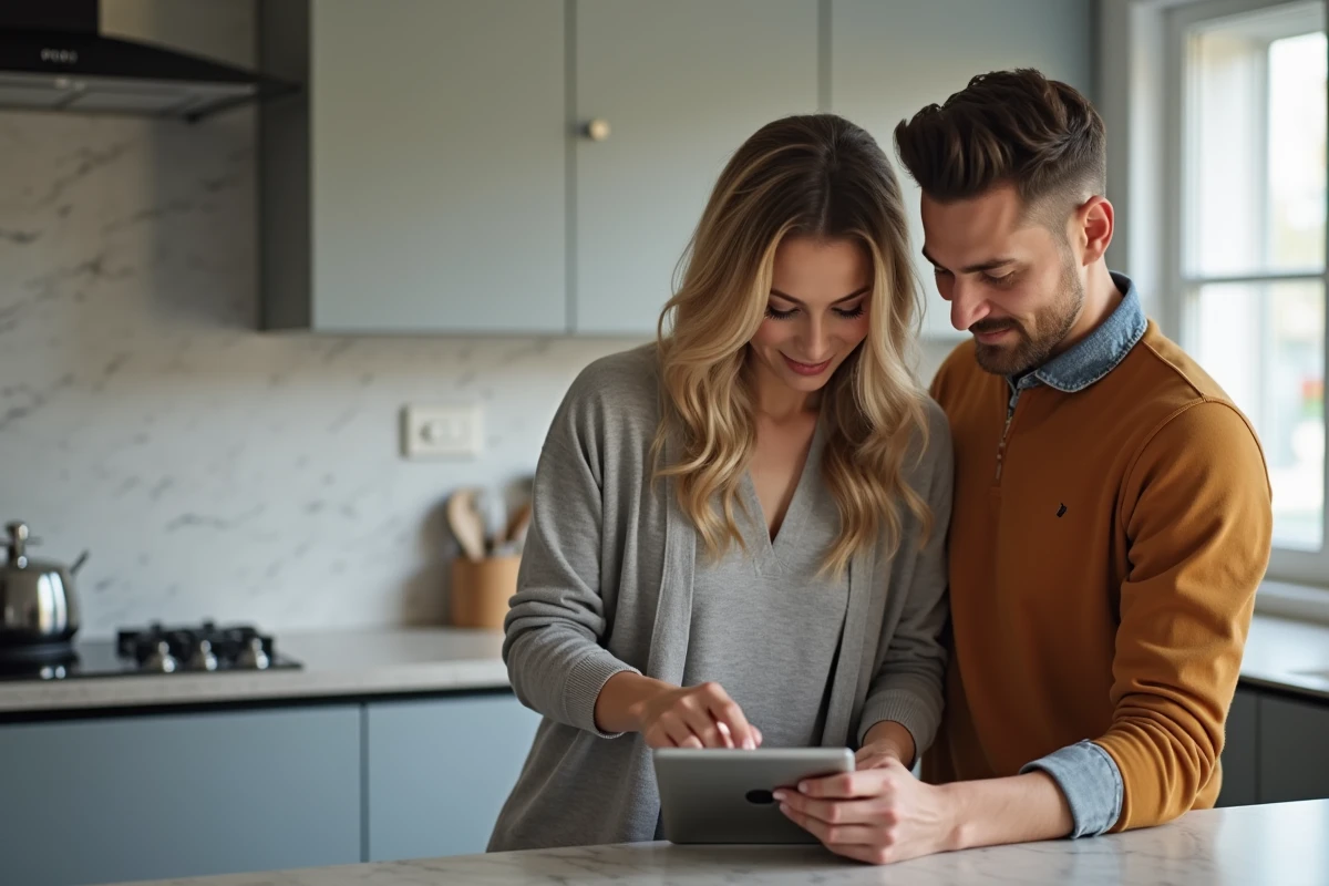 Couple activant ensemble l'espace sécurisé Cyberplus de la Banque Populaire sur une tablette dans une cuisine moderne