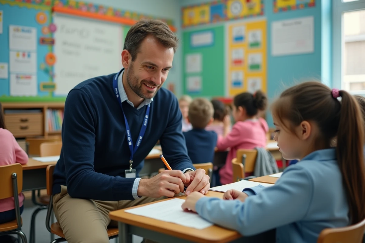 AESH masculin aidant un élève en classe, illustration du métier et du calcul de salaire à 24h