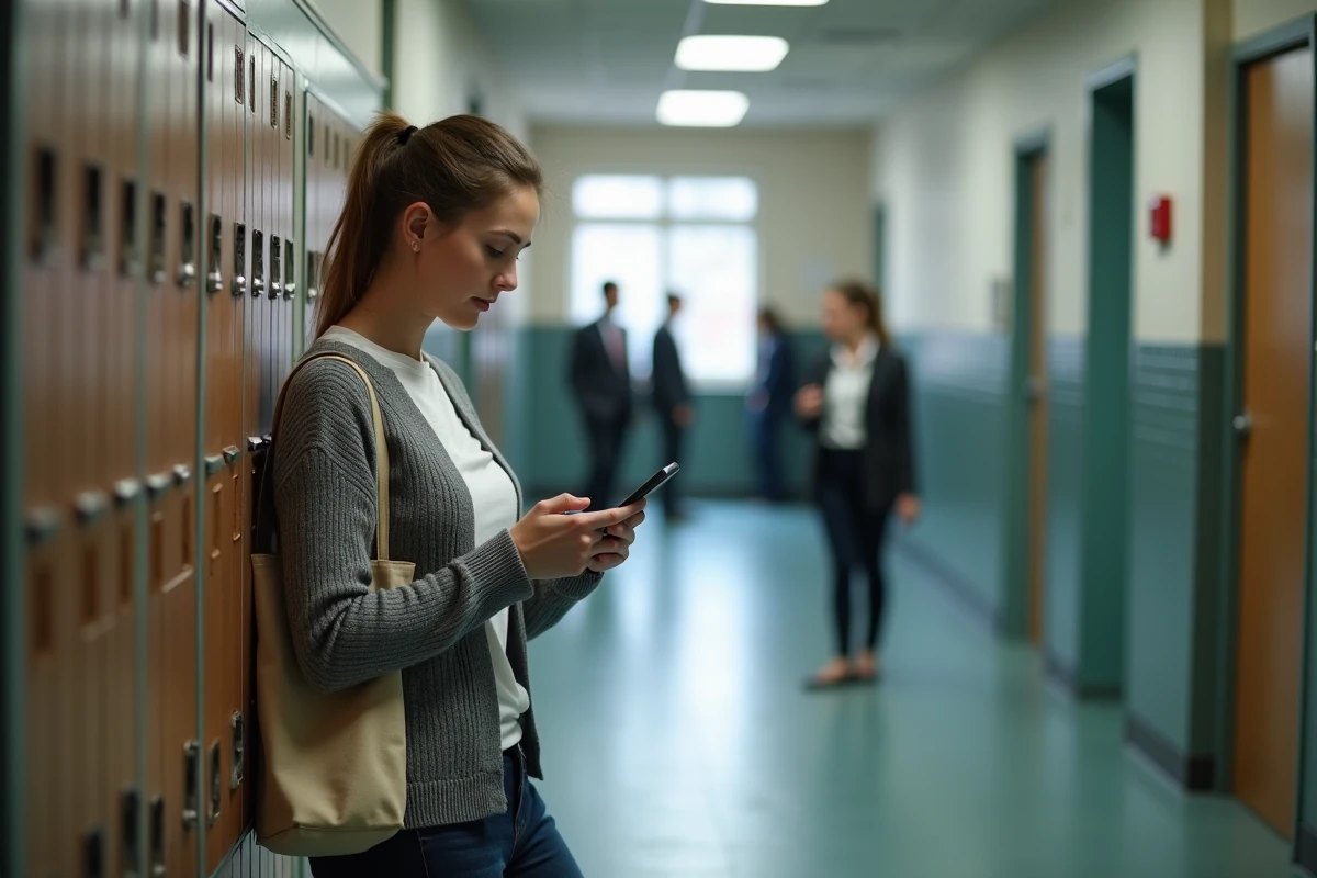 AESH dans un couloir d'école consultant le calcul de son salaire net mensuel pour 24h hebdomadaires en 2026