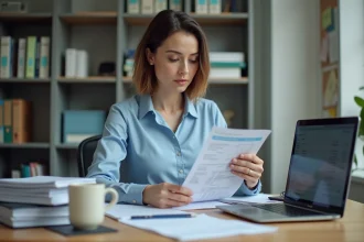 AESH assise à son bureau consultant sa fiche de salaire pour 24h de travail hebdomadaire en 2026