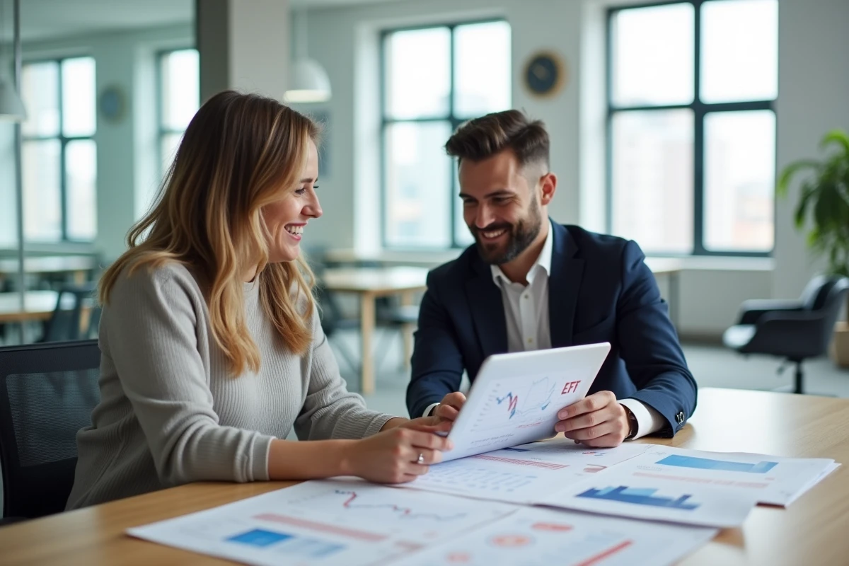 Deux jeunes adultes analysant des documents et graphiques ETF dans un espace de coworking moderne