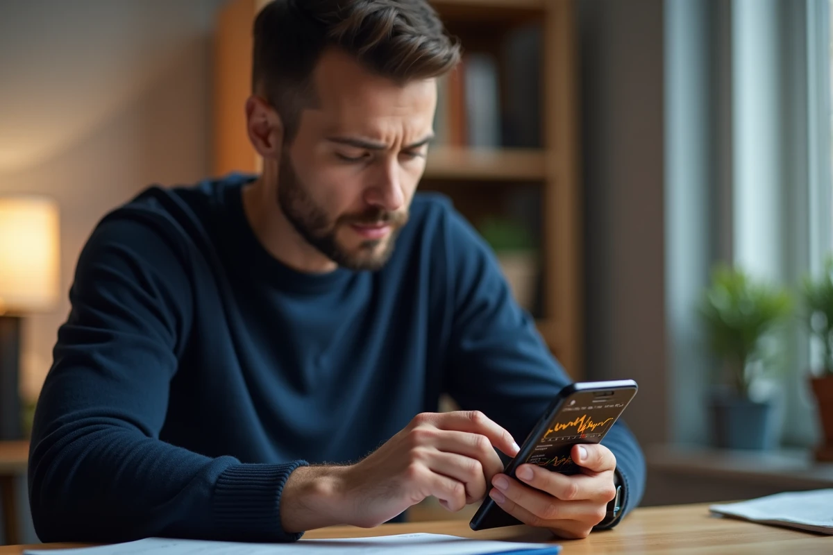 Homme analysant ses performances de rendement Bitcoin sur l'application Bitstack depuis son bureau à domicile