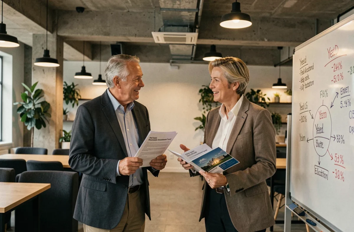 Professionnels analysant des brochures de SCPI et des rendements immobiliers dans un espace de travail collaboratif