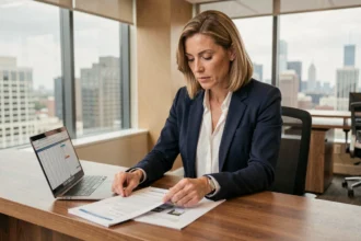 Femme cadre analysant des documents de SCPI immobilière dans un bureau moderne avec vue sur la ville