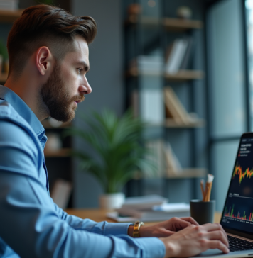 Prix du Bitcoin : Raisons et Facteurs de Hausse Expliqués en Détail Jeune analyste financier regardant un graphique Bitcoin