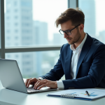 Jeune analyste financier au bureau avec ordinateur et graphiques