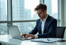 Jeune analyste financier au bureau avec ordinateur et graphiques