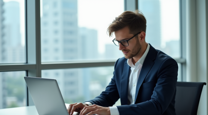 Jeune analyste financier au bureau avec ordinateur et graphiques