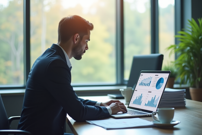 analyste-financier-bureau Analyste financier au bureau avec documents et graphiques