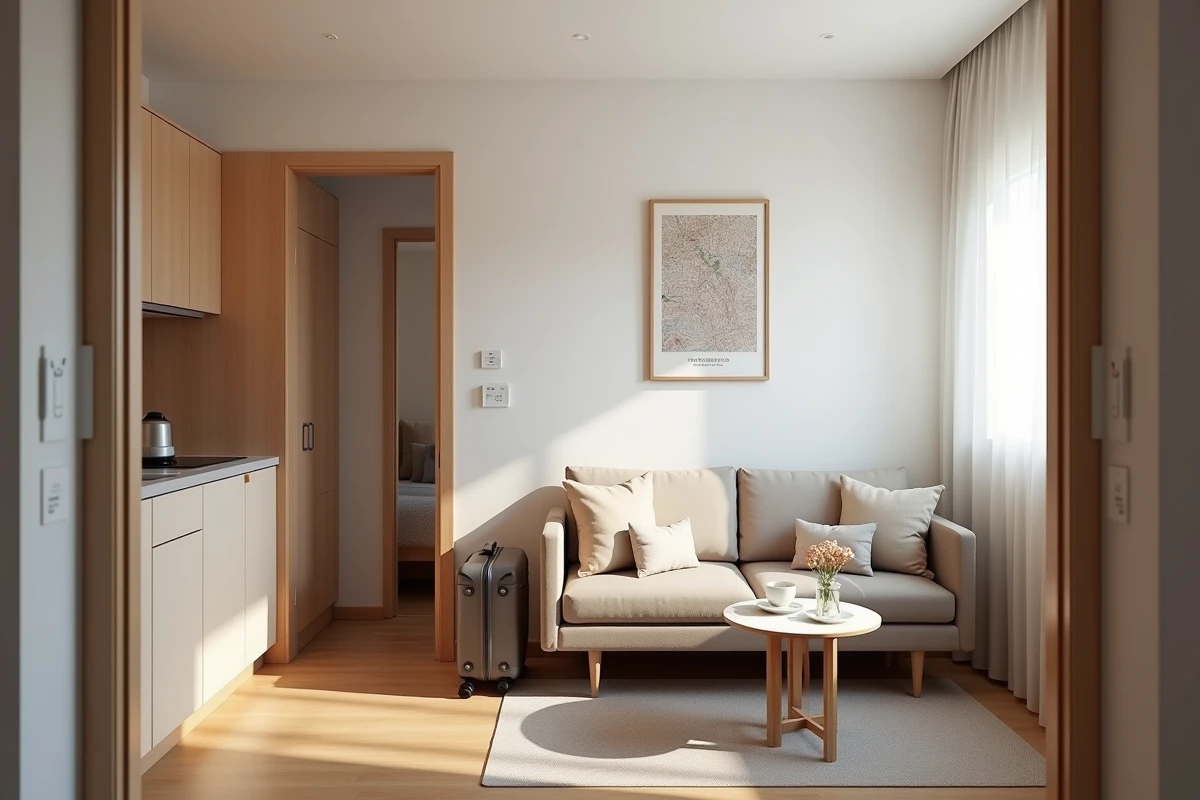 Appartement meublé prêt pour la location saisonnière avec salon cosy et valise au premier plan illustrant la location courte durée