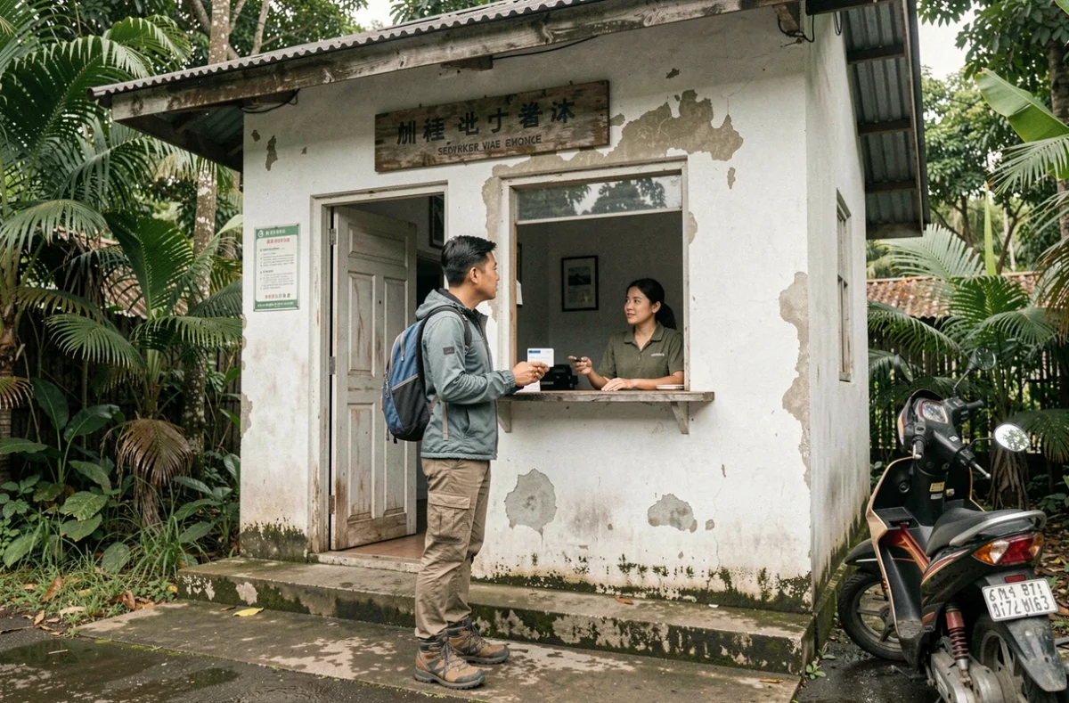 Couple de voyageurs routards utilisant leur assurance voyage dans une clinique locale en Asie du Sud-Est