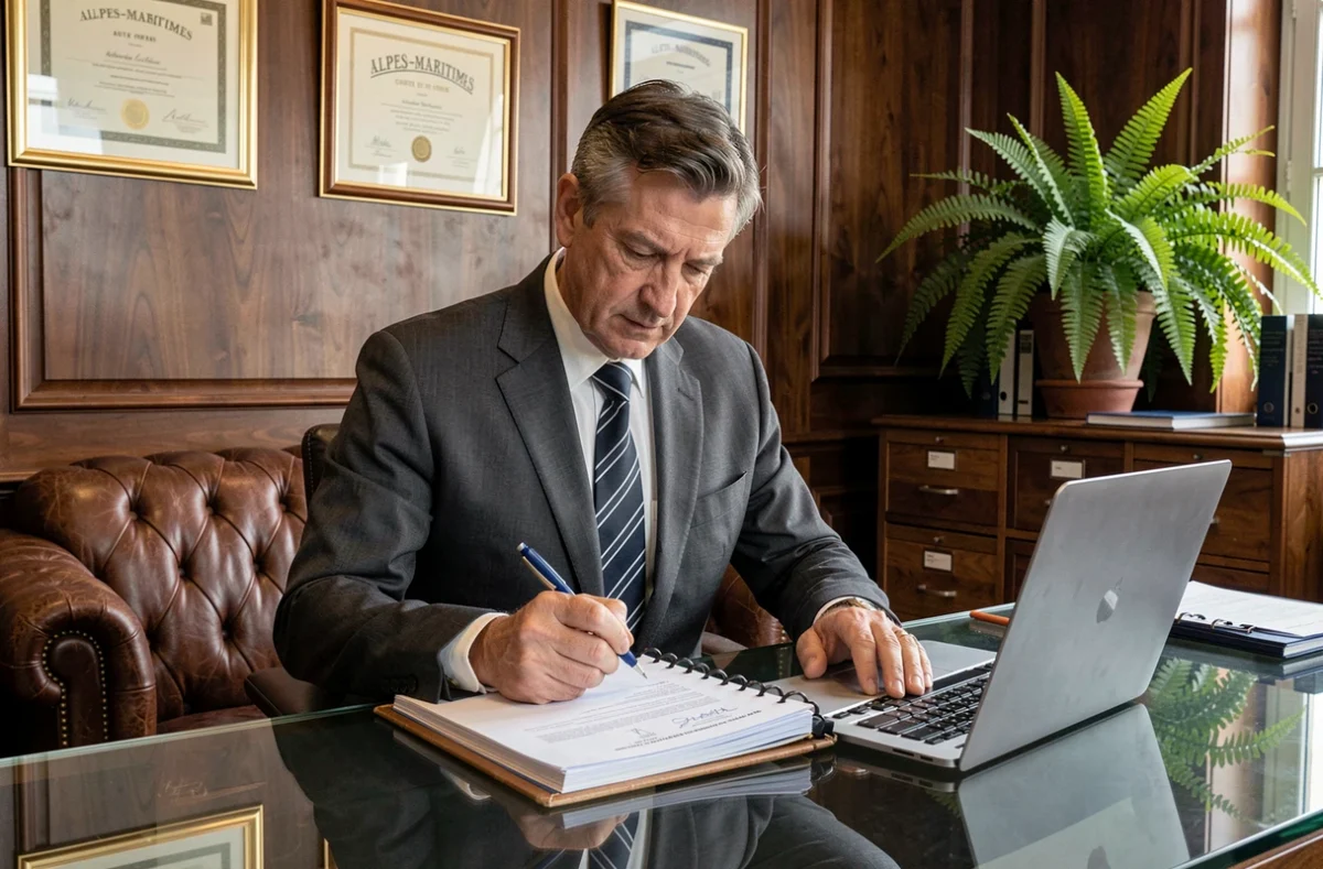 Auditeur d'Audit Conseil Management ACM annotant un dossier de contrôle dans son bureau formel