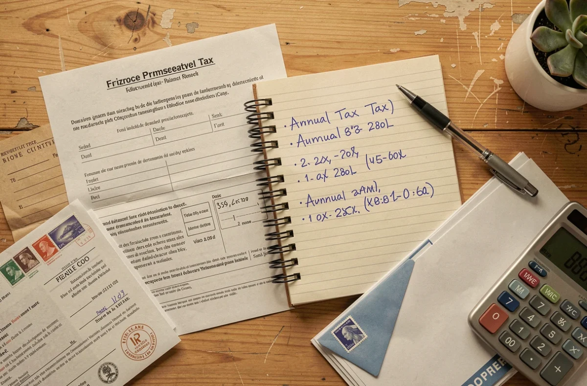Vue de dessus d'un avis d'impôts fonciers posé sur un bureau avec calculatrice et notes manuscrites comparant les montants annuels