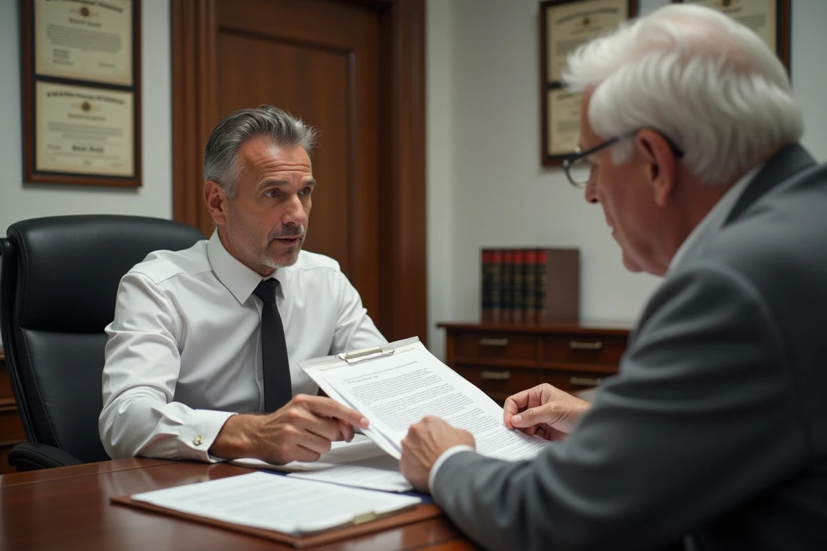 Avocat et client âgé examinant ensemble un dossier de justificatifs de frais de tutelle dans un cabinet juridique