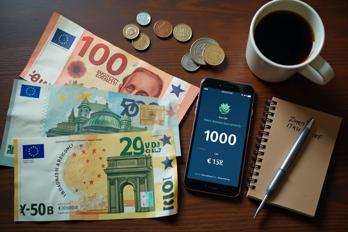 Vue de dessus de billets en francs suisses et euros avec convertisseur de devises sur smartphone
