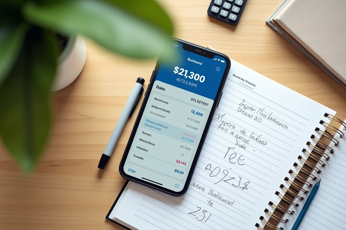 Bureau d'entrepreneur avec application bancaire affichant les frais d'un compte professionnel et notes de budget manuscrites