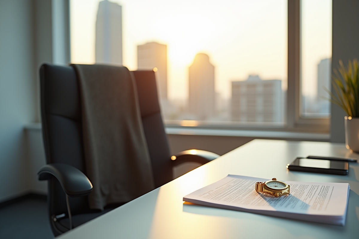 Chaise de bureau vide avec vue sur la ville et lettre de retraite