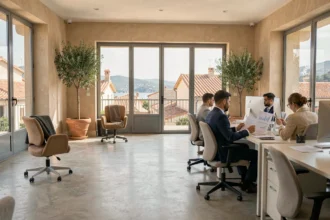 Vue panoramique d'un cabinet comptable moderne dans les Alpes-Maritimes avec des professionnels au travail