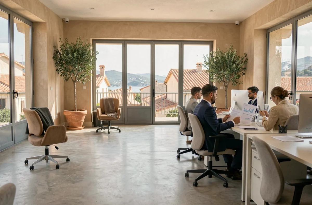 Vue panoramique d'un cabinet comptable moderne dans les Alpes-Maritimes avec des professionnels au travail