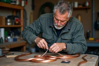 Homme moyen âge manipulant du cuivre dans un atelier organisé