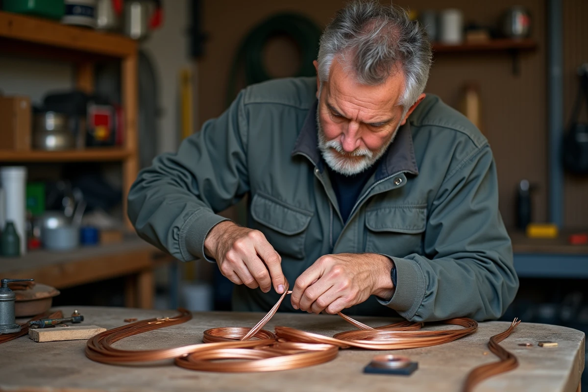 Homme moyen âge manipulant du cuivre dans un atelier organisé