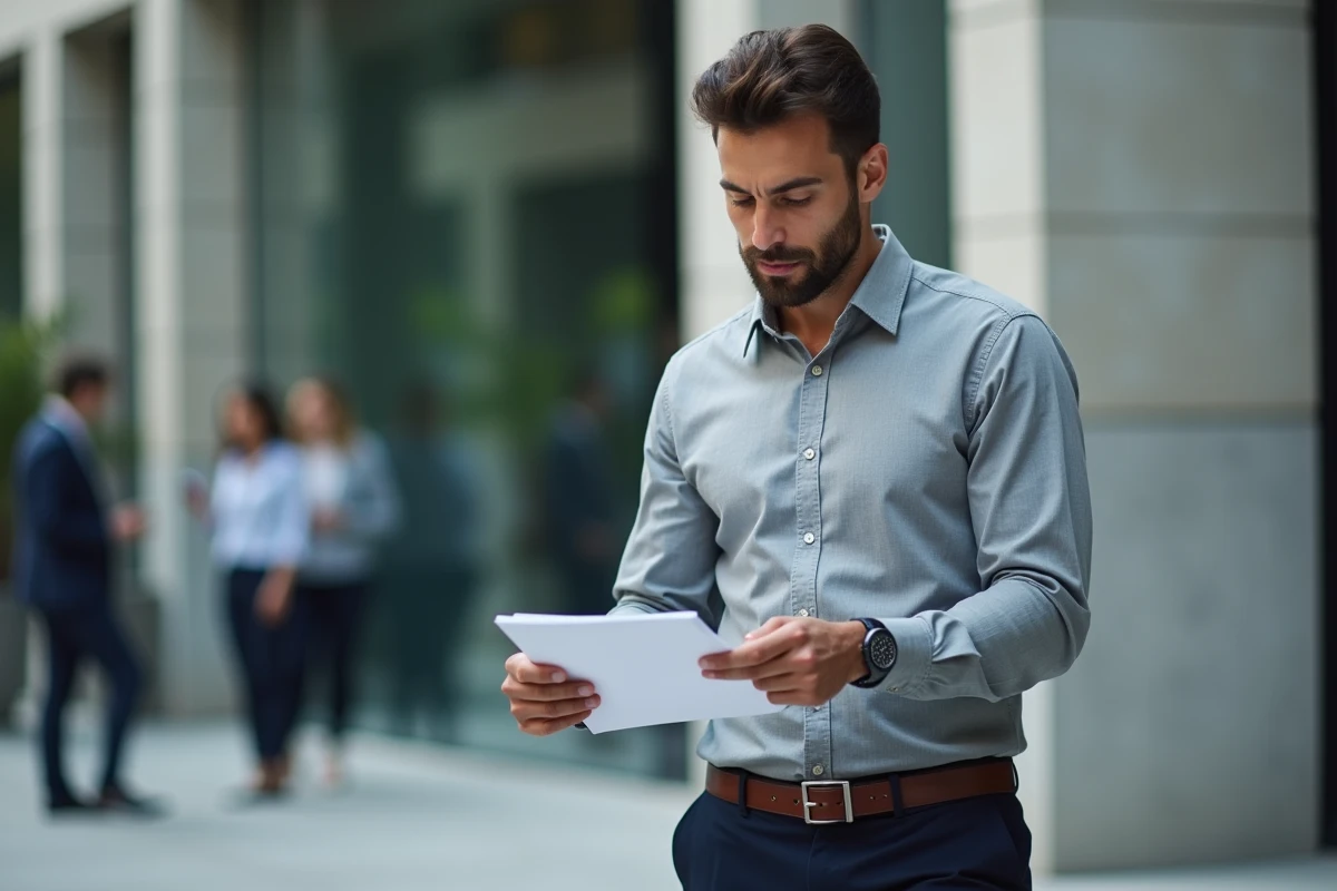 Cadre professionnel consultant un document sur son salaire devant un immeuble de bureaux à Paris