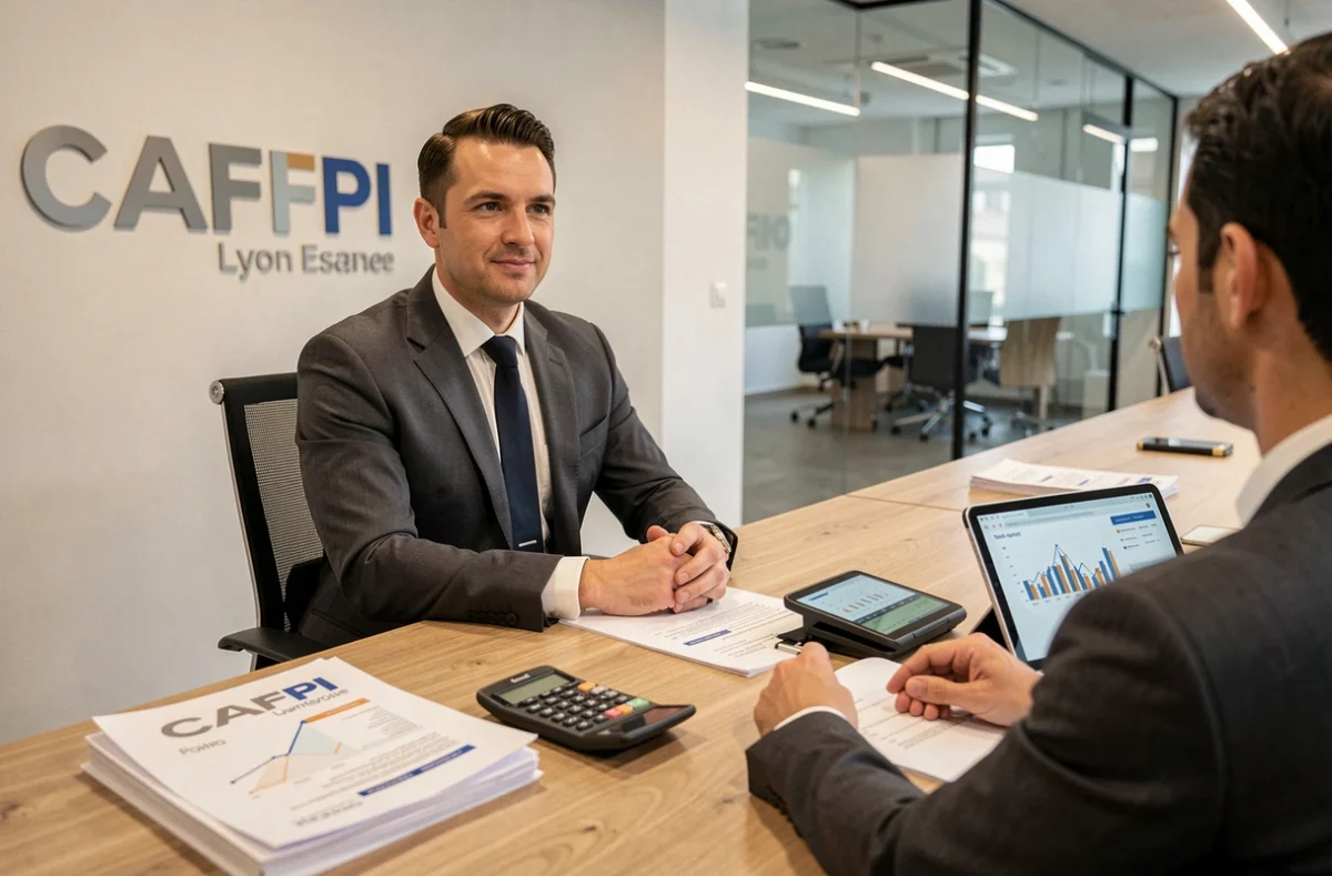Courtier en crédit professionnel CAFPI en consultation avec un client dans une agence moderne à Lyon