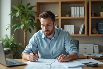 Propriétaire bailleur analysant la rentabilité d'une location meublée avec un calculateur et des feuilles de calcul sur un bureau en bois