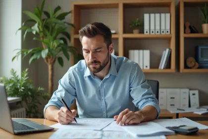 Propriétaire bailleur analysant la rentabilité d'une location meublée avec un calculateur et des feuilles de calcul sur un bureau en bois