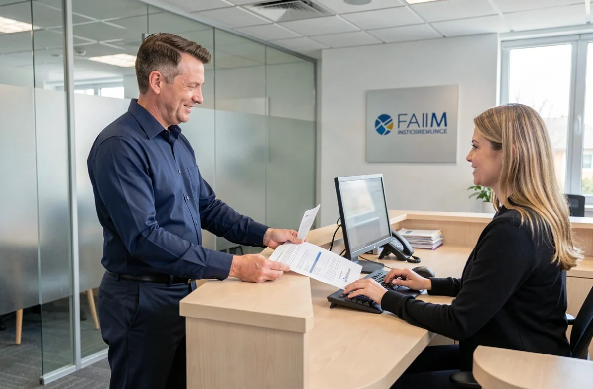Client déposant des documents au guichet d'une agence ACM IARD pour contacter le service client