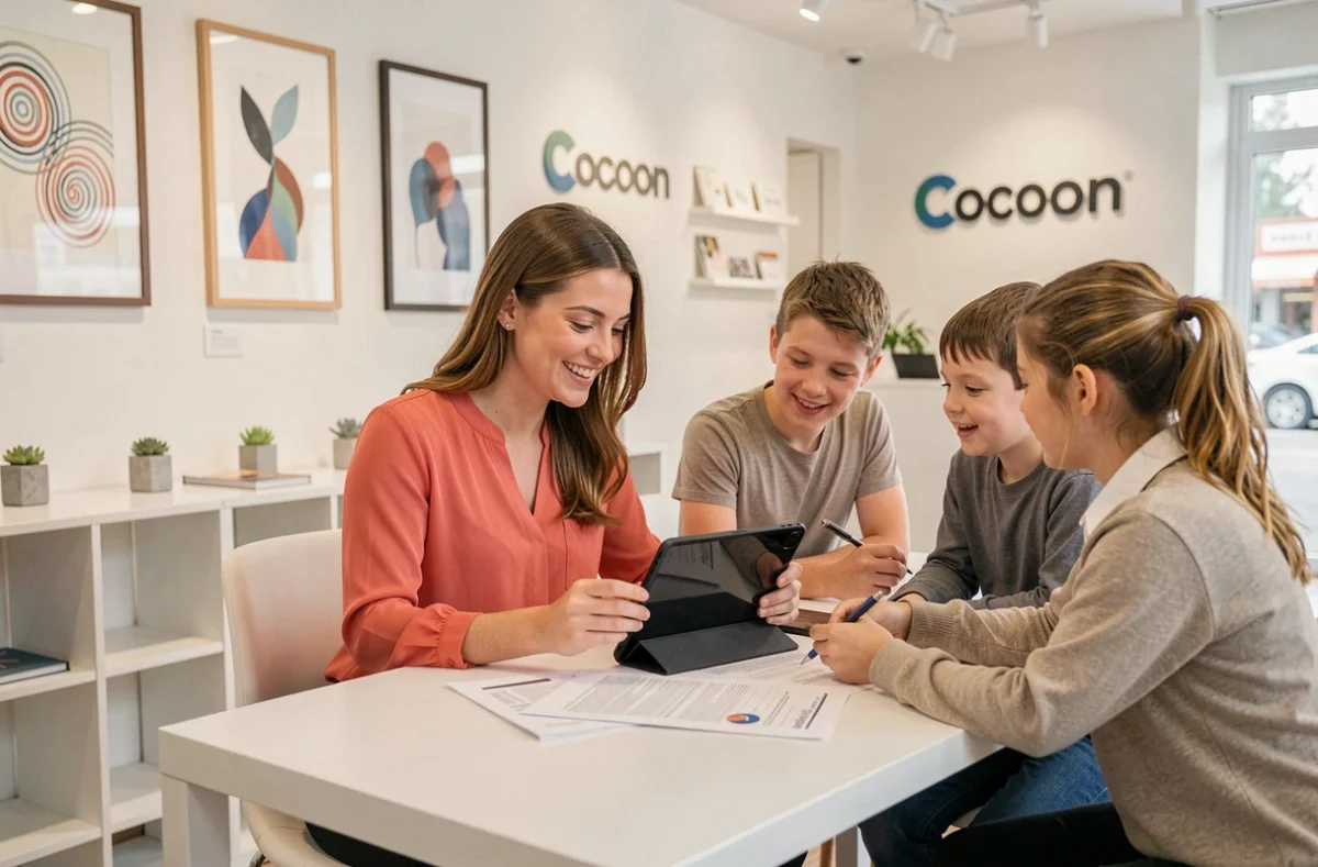 Agente Cocoon accompagnant une famille pour leur assurance habitation et auto dans une agence moderne