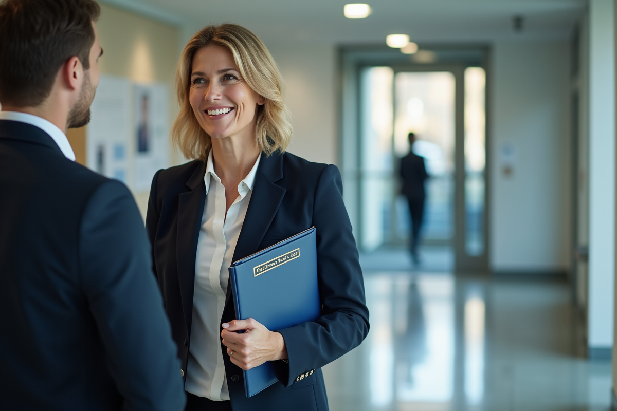 Femme en blazer navy parle avec collègue dans un hall moderne