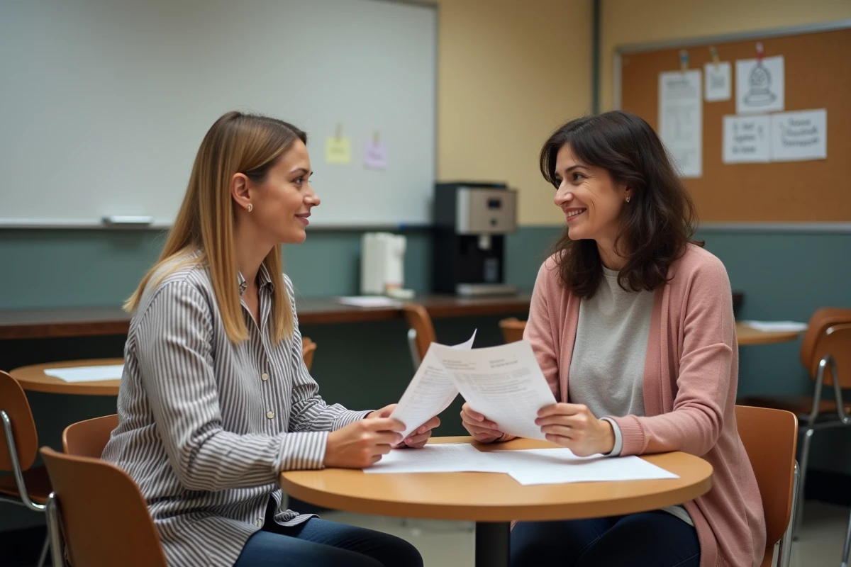 Deux collègues de l'éducation nationale comparant leurs fiches de paie et conseils budgétaires dans une salle des professeurs