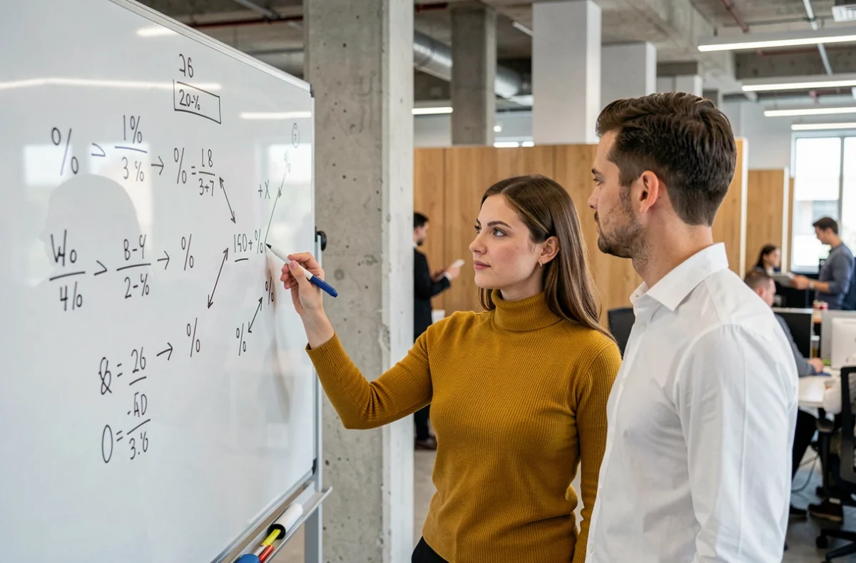 Deux collègues analysant des formules de taux d'évolution et des baisses de prix inscrites sur un tableau blanc en bureau moderne
