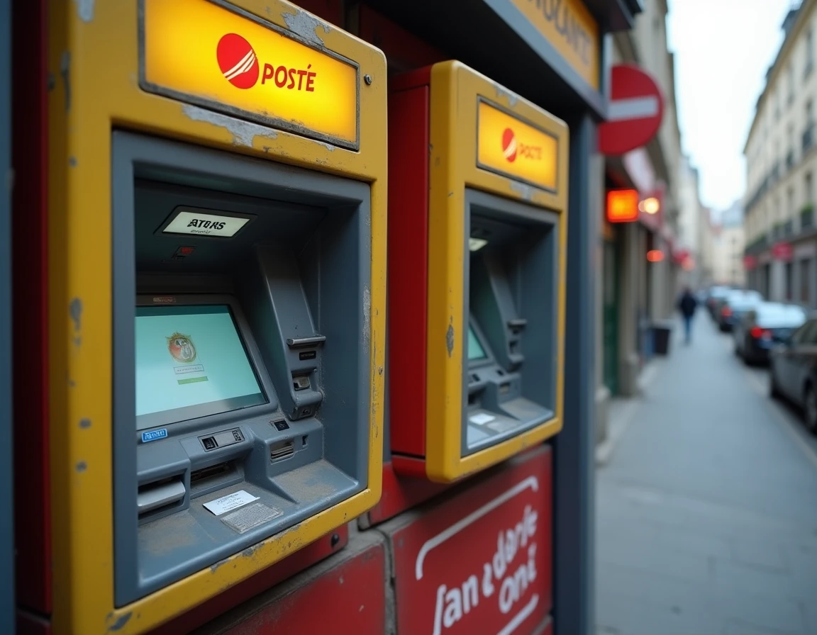 Deux distributeurs automatiques côte à côte, l'un de La Banque Postale et l'autre d'une banque concurrente, affichant les plafonds de retrait