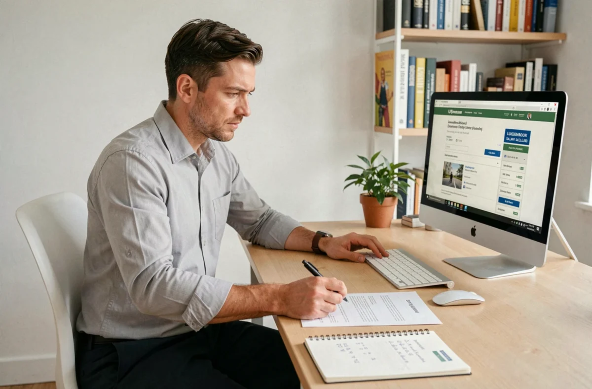Homme comparant des offres d'emploi et simulant son salaire net au Luxembourg depuis son bureau à domicile
