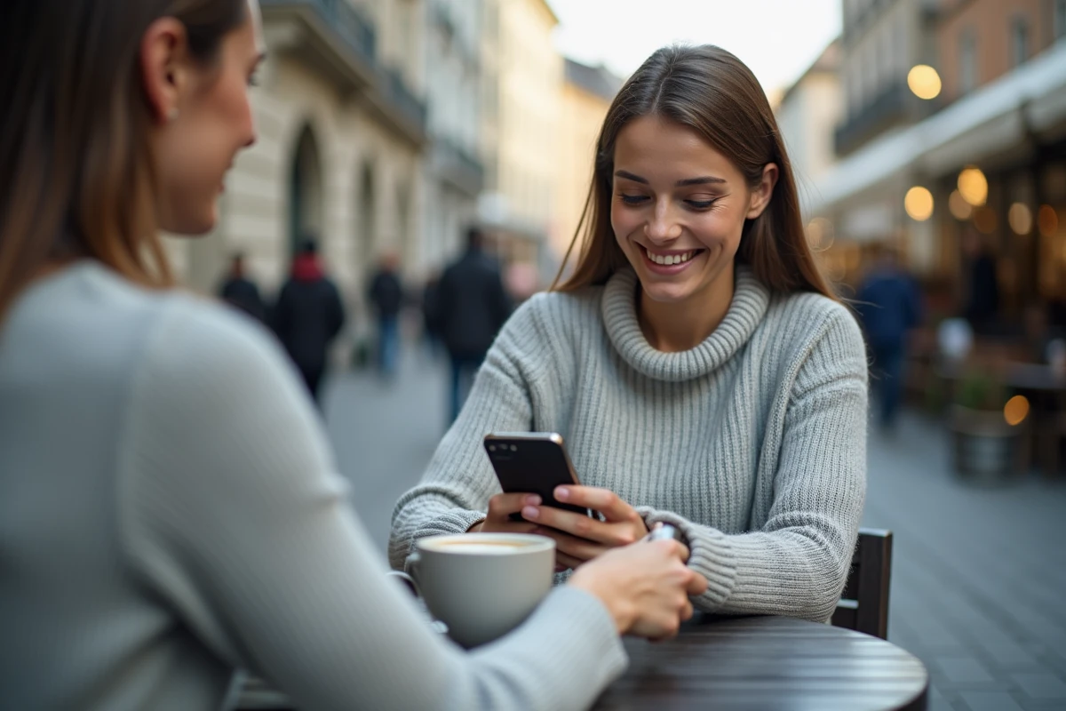 Une femme consulte une comparaison de prix de cigarettes en Suisse et en euros sur son smartphone dans un café de Zurich
