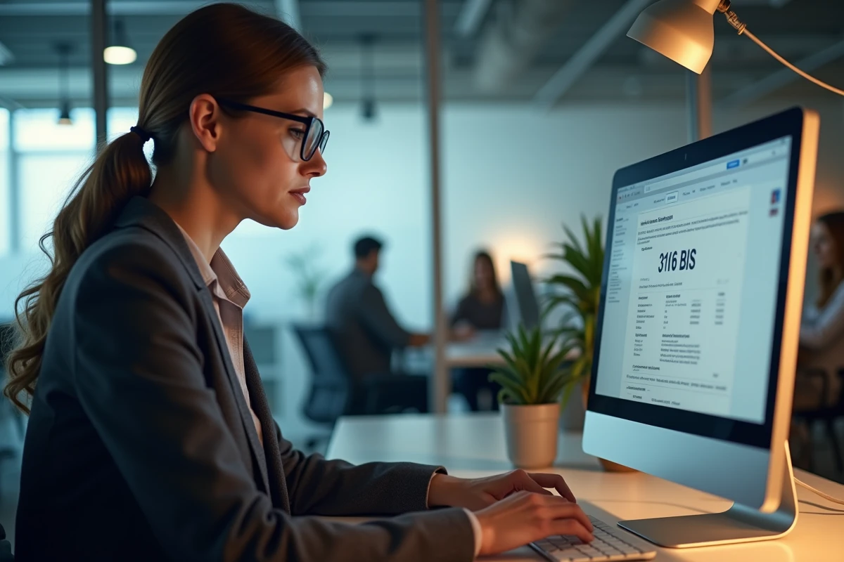 Comptable féminine remplissant le formulaire 3916 BIS sur ordinateur dans un bureau moderne
