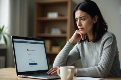 Femme frustrée devant son ordinateur portable tentant de se connecter à son espace bancaire en ligne