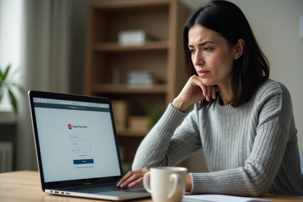 Femme frustrée devant son ordinateur portable tentant de se connecter à son espace bancaire en ligne