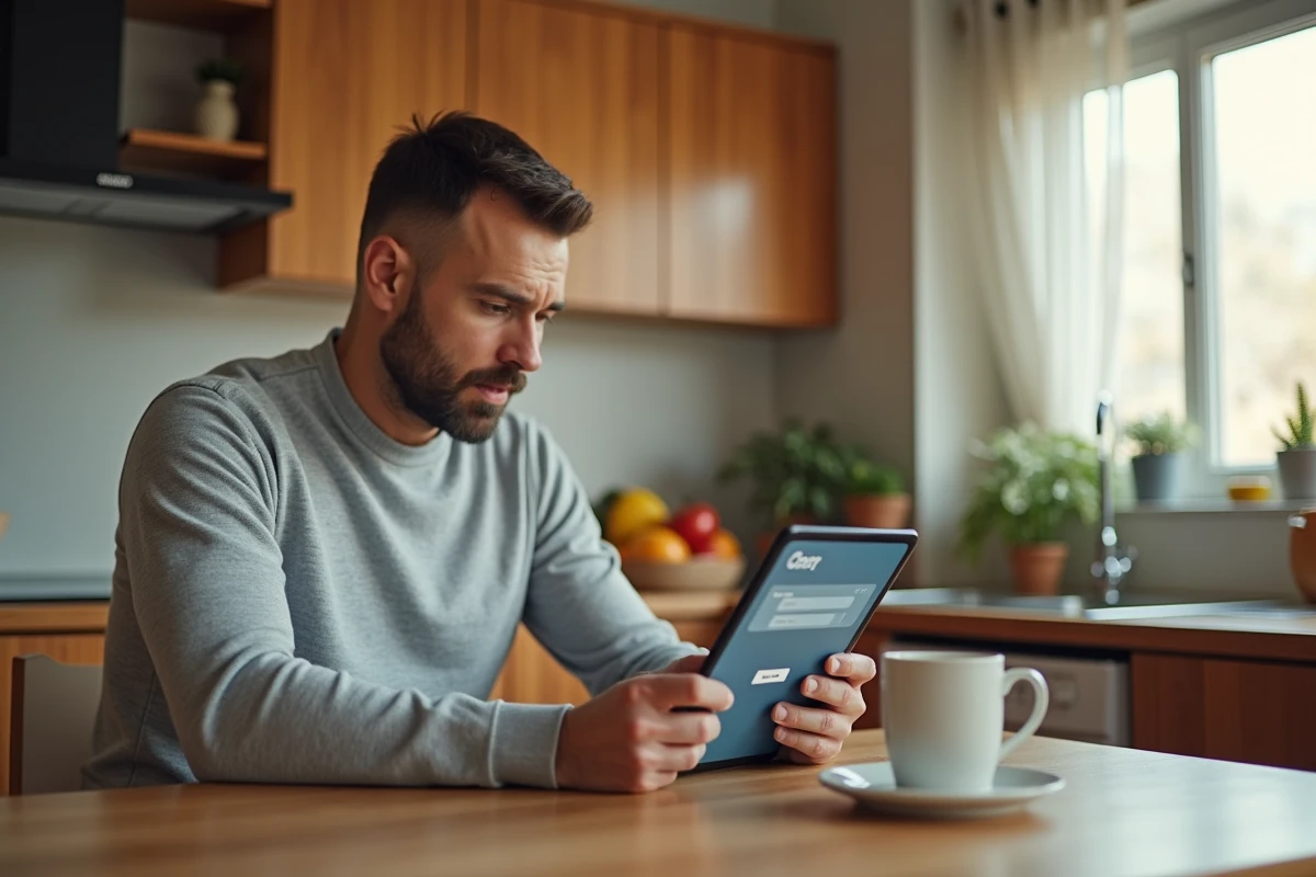 Homme consultant son espace client Logitelnet SG sur une tablette depuis son domicile
