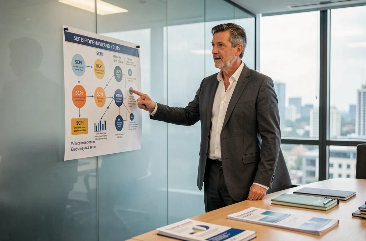 Conseiller financier présentant un exemple de SCPI devant un tableau d'investissement immobilier