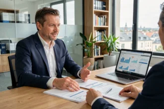 Conseiller en gestion de patrimoine discutant d'un plan financier avec un client dans un cabinet moderne de la Loire