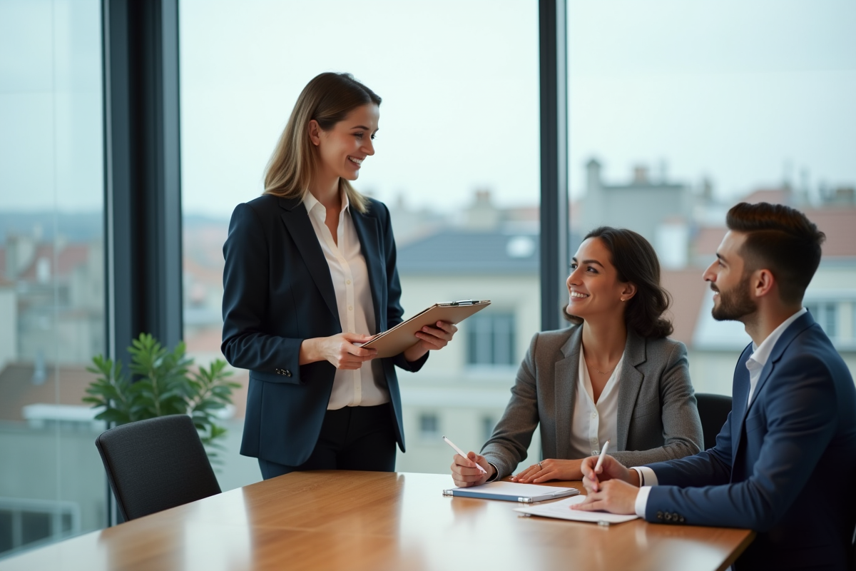 Conseillère en prêt immobilier souriante avec un jeune couple au bureau